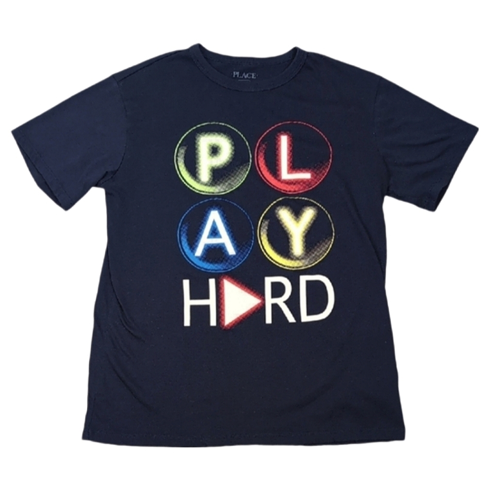 The Childrens Place Graphic Gaming Tee Navy Blue Play Hard Boys Youth Size XL 14